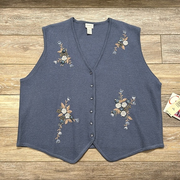 VINTAGE KORET Y2K 100% WOOL SWEATER VEST SZ 2X BLUE W/ BEADED AND SILKY FLOWERS - Picture 1 of 12